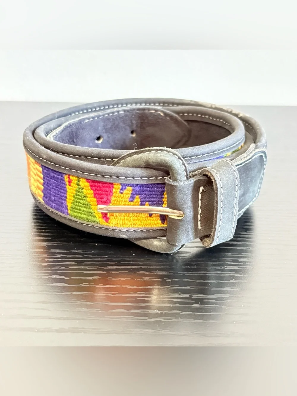 Woven Tapestry Leather Belt 41” Multicolor Boho Southwestern
